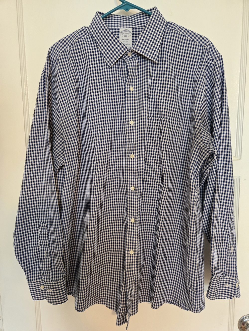 Vintage Brooks Brothers Men's Navy and White Cotton Gingham Dress Shirt 17-35